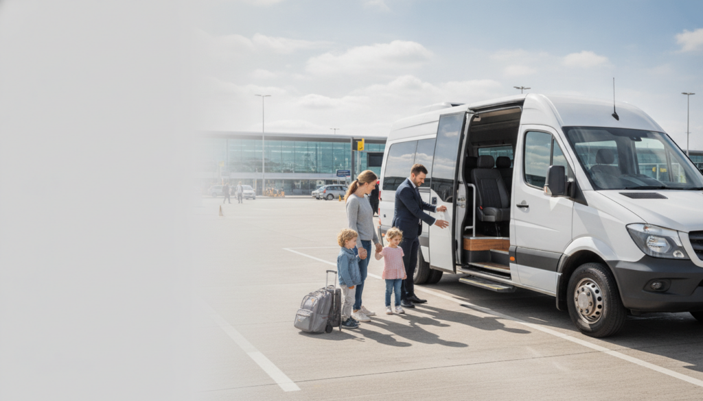 Flying with Little Ones from Luton: A Smooth Start with Our Service — executive minibus meeting a group at Luton Airport