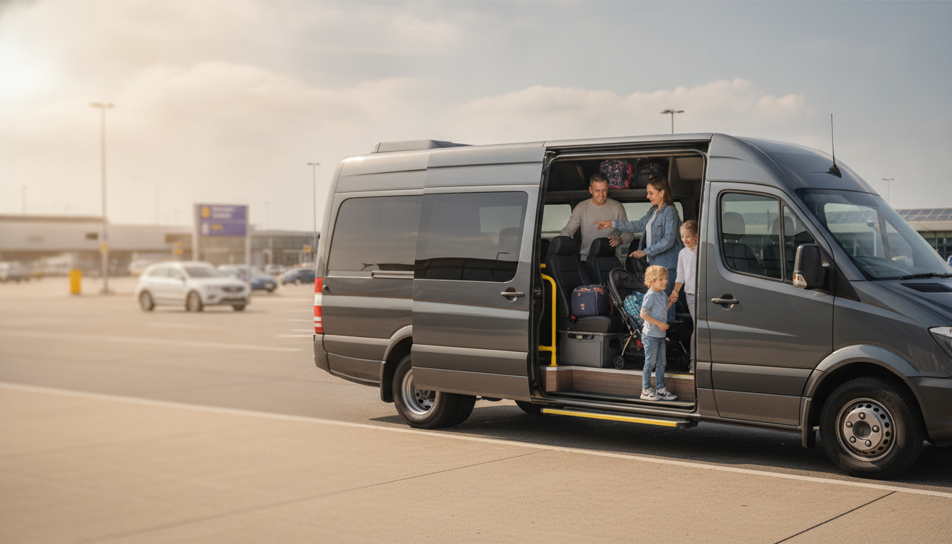 Holiday Packing for Families: Maximising Minibus Space to LTN — executive minibus meeting a group at Luton Airport
