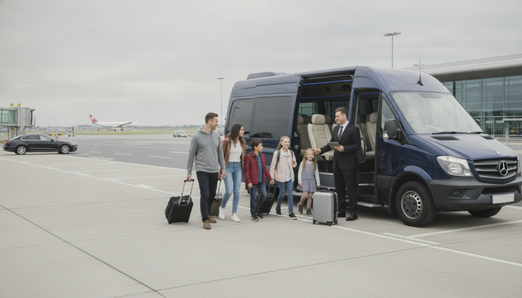 Stress-Free Family Travel: Your Premium Luton Minibus Experience — executive minibus meeting a group at Luton Airport