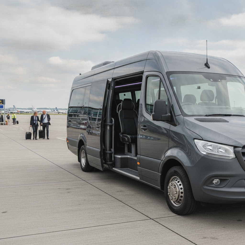 Home — executive minibus meeting a group at Luton Airport