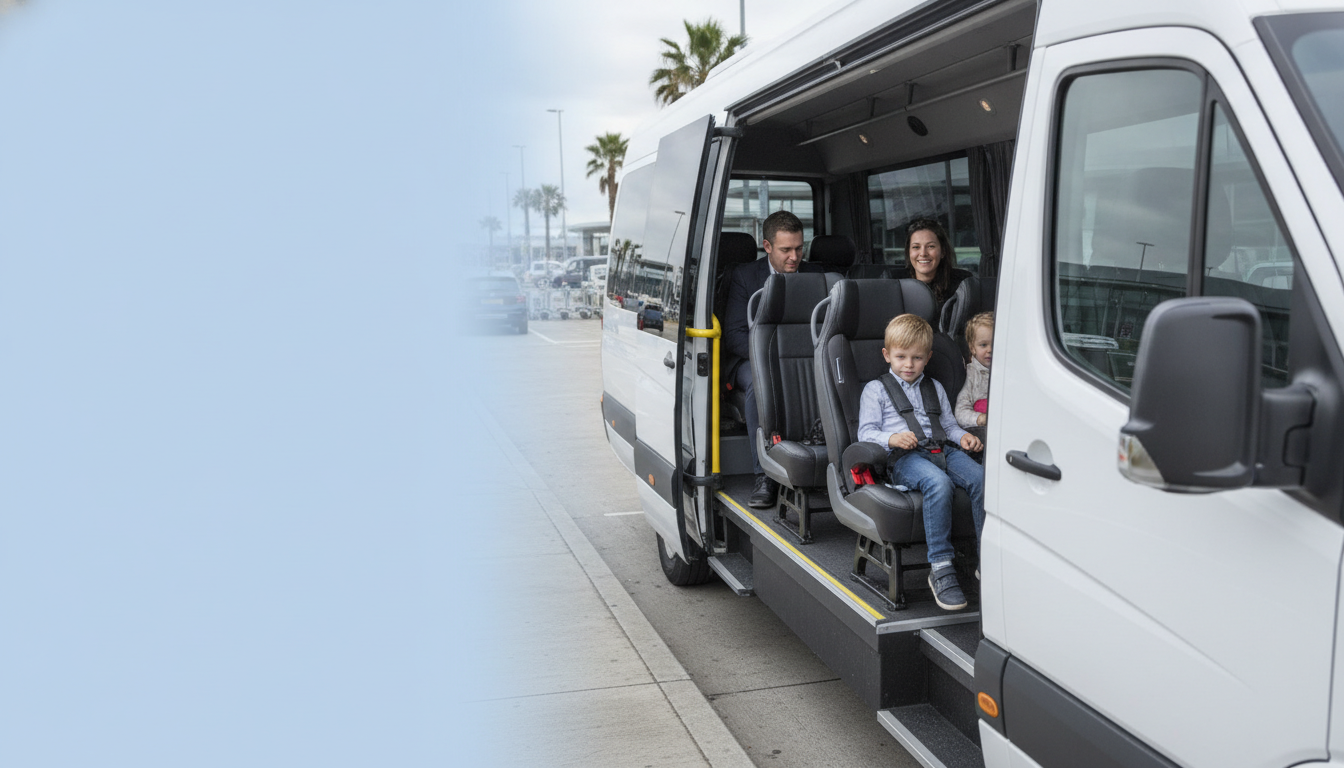 Safety First: Child Seats and Family Comfort on Your Luton Transfer — executive minibus meeting a group at Luton Airport