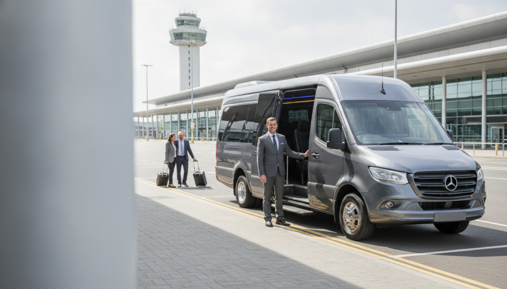Punctuality & Professionalism: Your Business Minibus to LTN — executive minibus meeting a group at Luton Airport